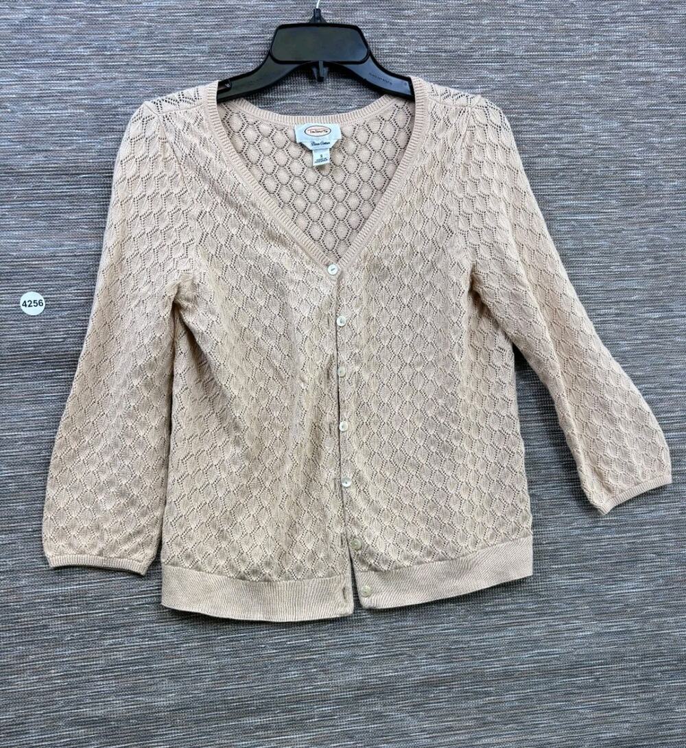 Talbots Beige Crochet 3/4 Sleeve 100% Pima Cotton Cardigan Sweater Womens Sz S